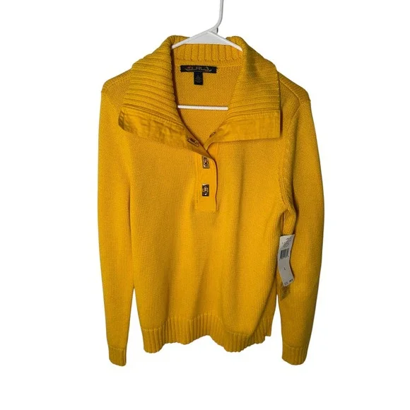 NWT Ralph Lauren Yellow Shawl Collar Sweater Size L Gold Button - Picture 3 of 6